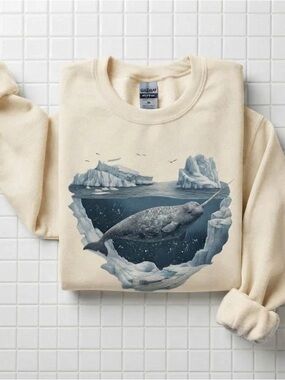 Vintage Narwhal Whale Sweatshirt Arctic Iceberg Ocean Graphic Crewneck Pullover